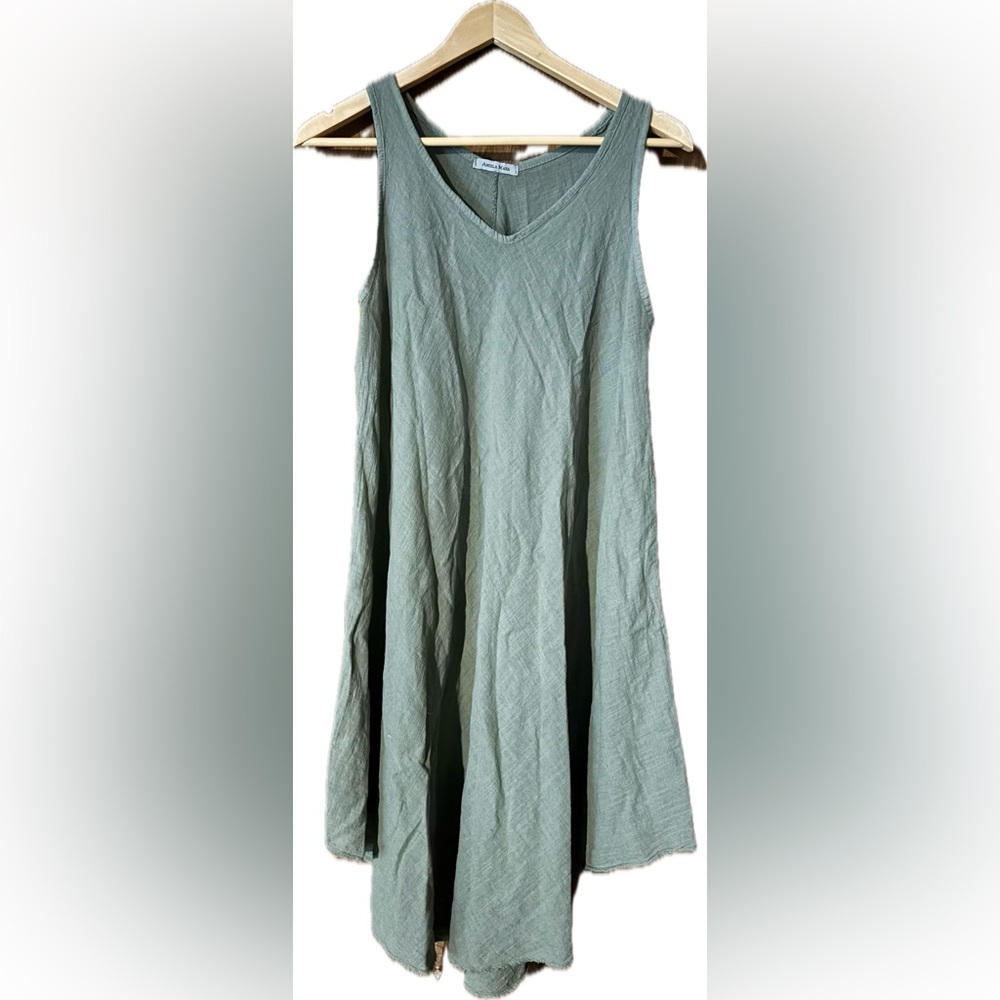 ANGELA MARA Sleeveless Green Linen Dress
